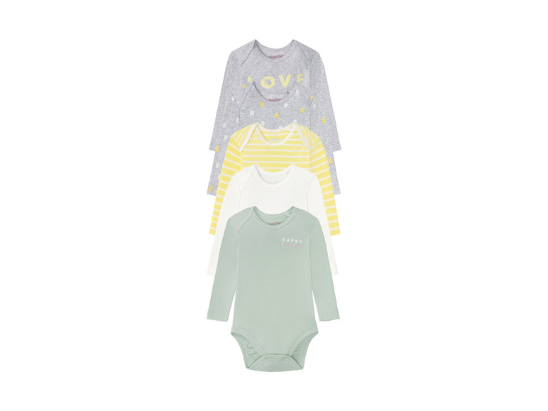 E-shop lupilu® Dievčenské body s dlhým rukávom pre bábätká, 5 kusov (50/56, sivá/žltá/mentolová/biela)