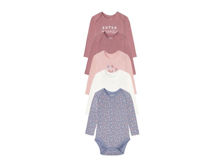 E-shop lupilu® Dievčenské body s dlhým rukávom pre bábätká, 5 kusov (50/56, staroružová/biela/ružová/modrá)